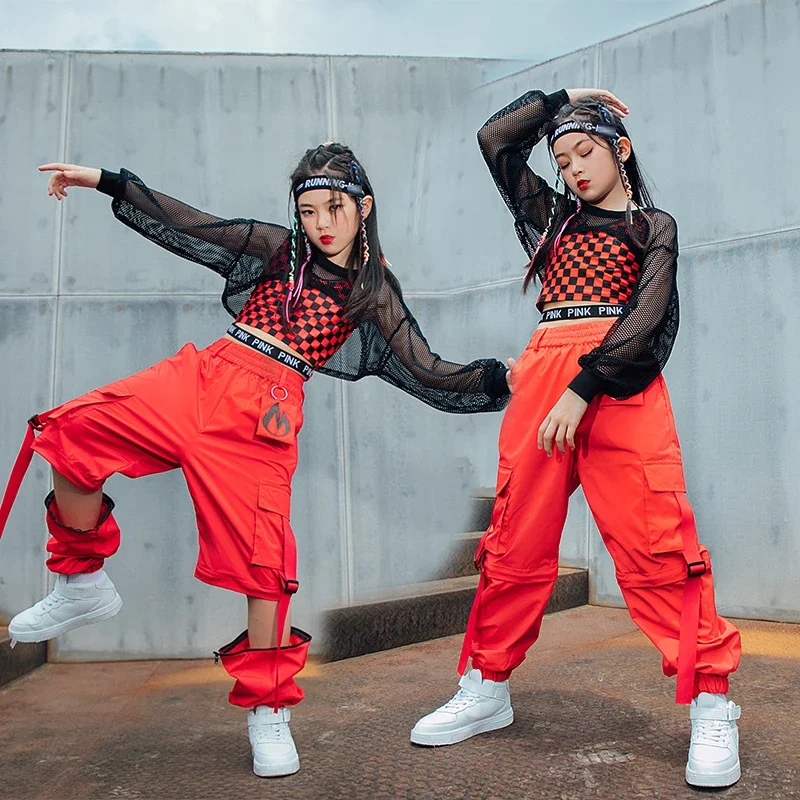 Red Lattice Vest Loose Cargo Pants Net Tops For Girls Clothes Jazz Show Stage Outfit Kids Hip Hop Street Dance Costume girl dance costume children costumes