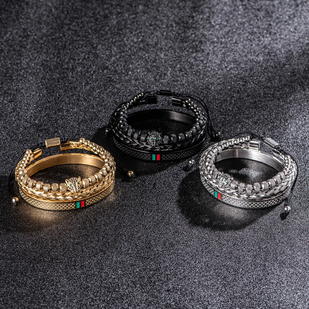Bracelet Jewelry Luxury Handmade Braiding Men Pave CZ Leopard Head Enamel Green Red Stainless Steel
