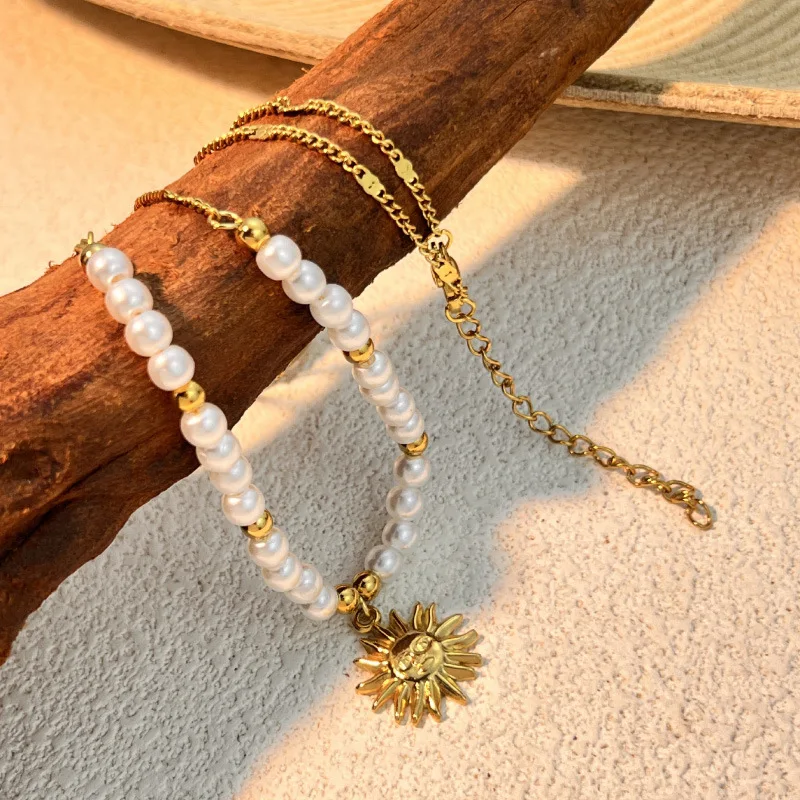 Handmade Weave Imitation Pearl Geometric Sun Shell Pendant Stainless Steel Necklace Mini Sea Turtle Short Choker Elegant Jewelry