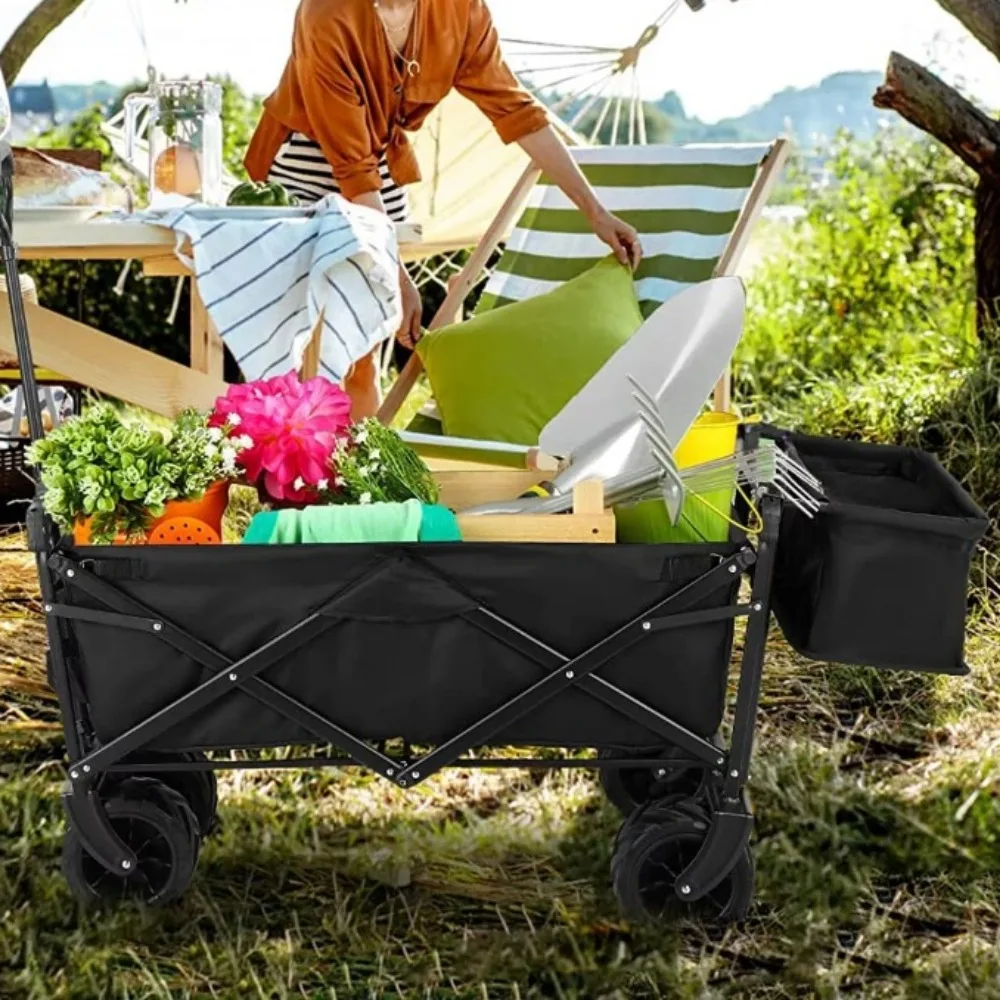 

Hand Truck Collapsible Wagon Cart With Removable Canopy and Wide Large All Terrain Wheels-Black Garden Trolleys Trolley Carts