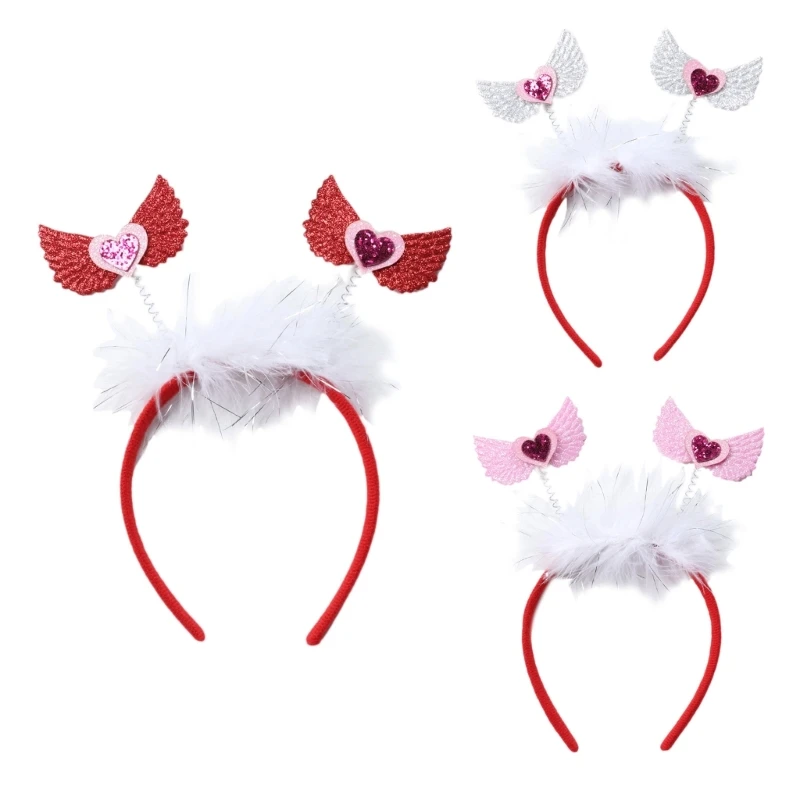 

Valentines Day Headband Red Heart Decor Wing Antennas with Feather Hair Hoop Costume Party Hair Accessories for Women M6CD