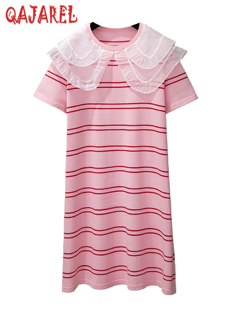 

Женское трикотажное платье в розовую полоску, Элегантное повседневное платье средней длины с оборками и кукольным воротником в Корейском стиле, лето 2024