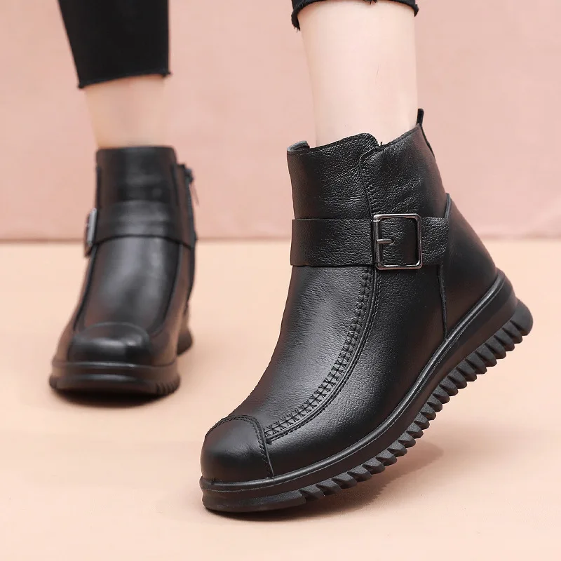 2023 Winter New Women's Thick Plush Warm Non-slip Snow Boots Genuine Leather Waterproof Women Flat Casual Shoes Mother Booties