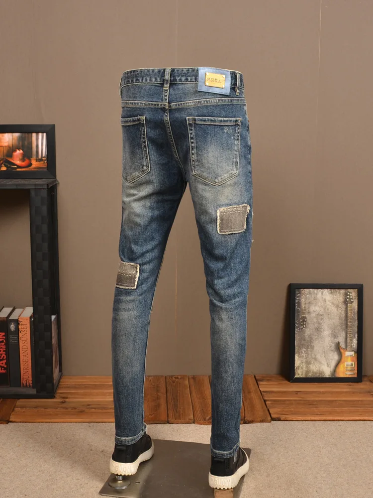 Retro Make Old Ripped Jeans Men\'s Street Handsome Slim Fit Skinny Stretch Cloth Patch High-End Casual Trousers