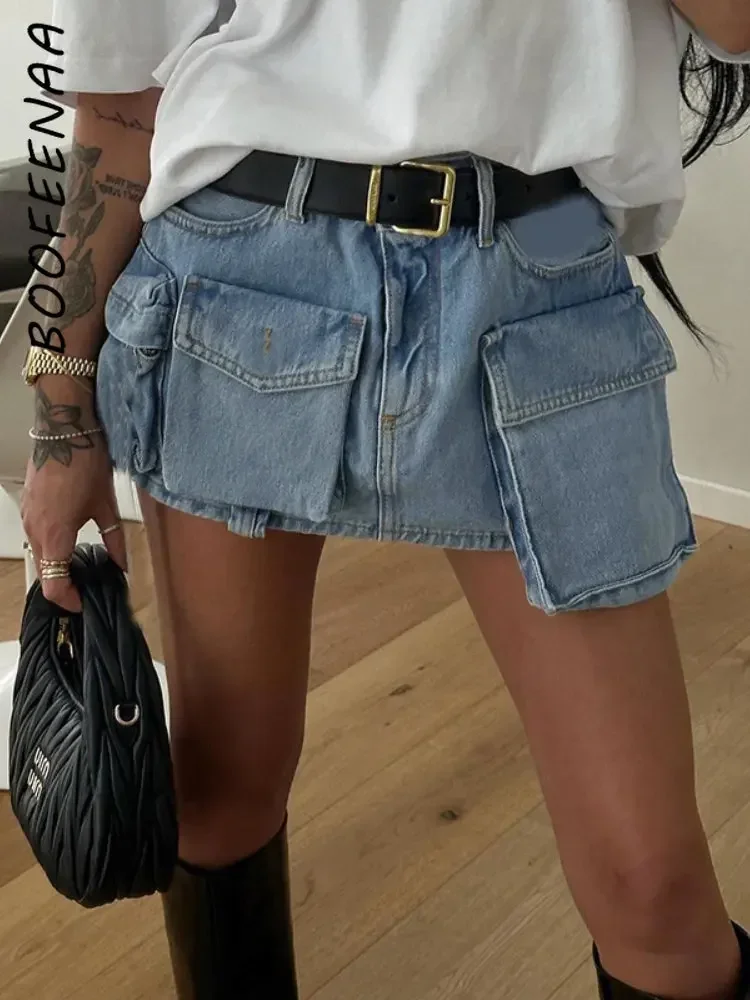 

BOOFEENAA ассиметричная юбка с множеством карманов, женская уличная одежда 90-х, винтажные синие джинсовые мини-юбки Y2k, летняя одежда