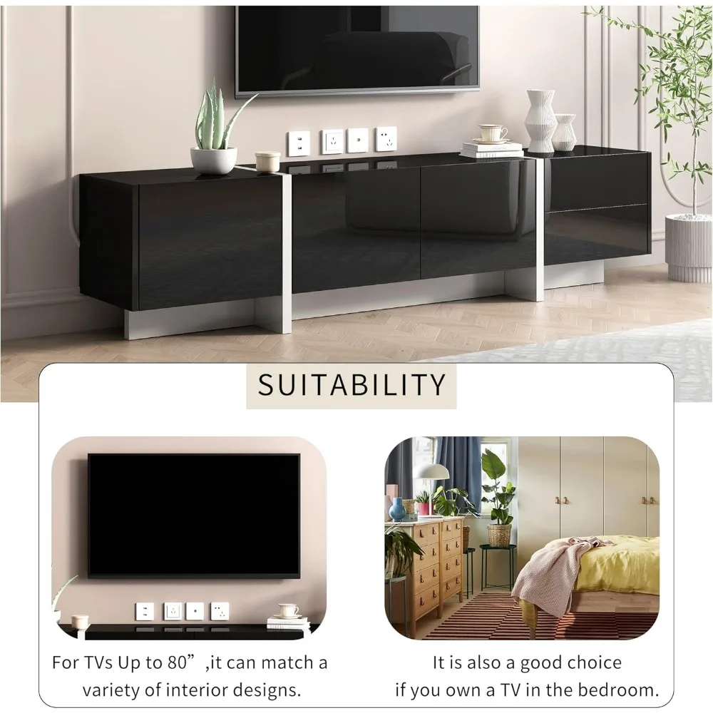TV Stand for TVs Up to 80" Modern Entertainment Center with High Gloss UV Surface White & Black Wood Television Media Console 5