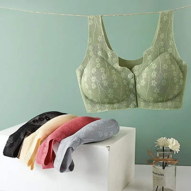 Mom's underwear, middle-aged and elderly women's bras, seamless front open button vest style, oversized summer thin new bra 3