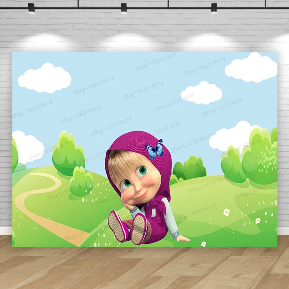 thumbnail image 1 of Fondo de fotografía para niña Masha y el oso, fondo para fotografía de fiesta de cumpleaños infantil, pancarta decorativa para baby shower, póster de vinilo, 1 of 5