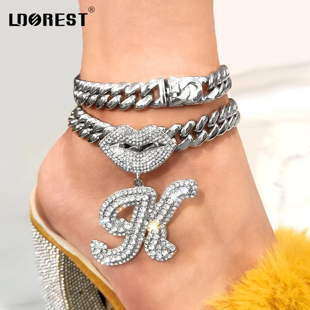 

Fashion Rhinestones Cursive Letters Anklet For Women 13MM Cuban Link Chain Initials Name Anklets Punk Hiphop Jewelry