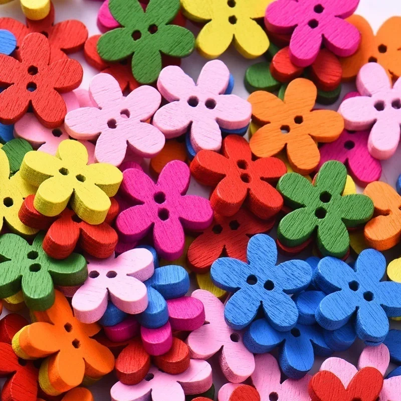 100pcs 14x15mm 2-hole Mixed Flower Wooden Decorative Buttons Suitable for Sewing Clip Arts and Crafts Multicolor 3