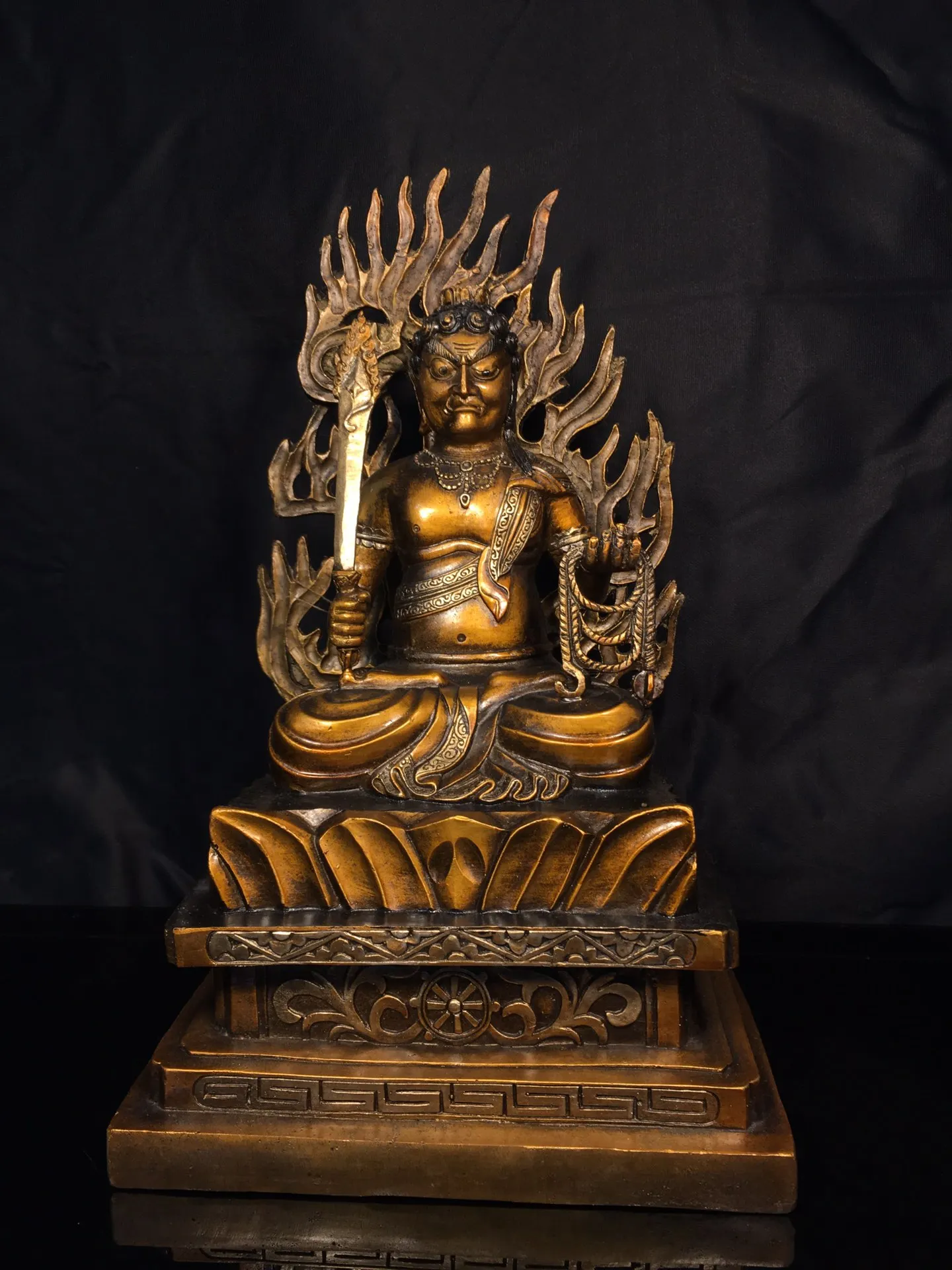 

13"Tibetan Temple Collection Old Bronze Painted Acalanatha Fudo Myoo Bodhisattva Backlight Buddha Worship Hall Town House
