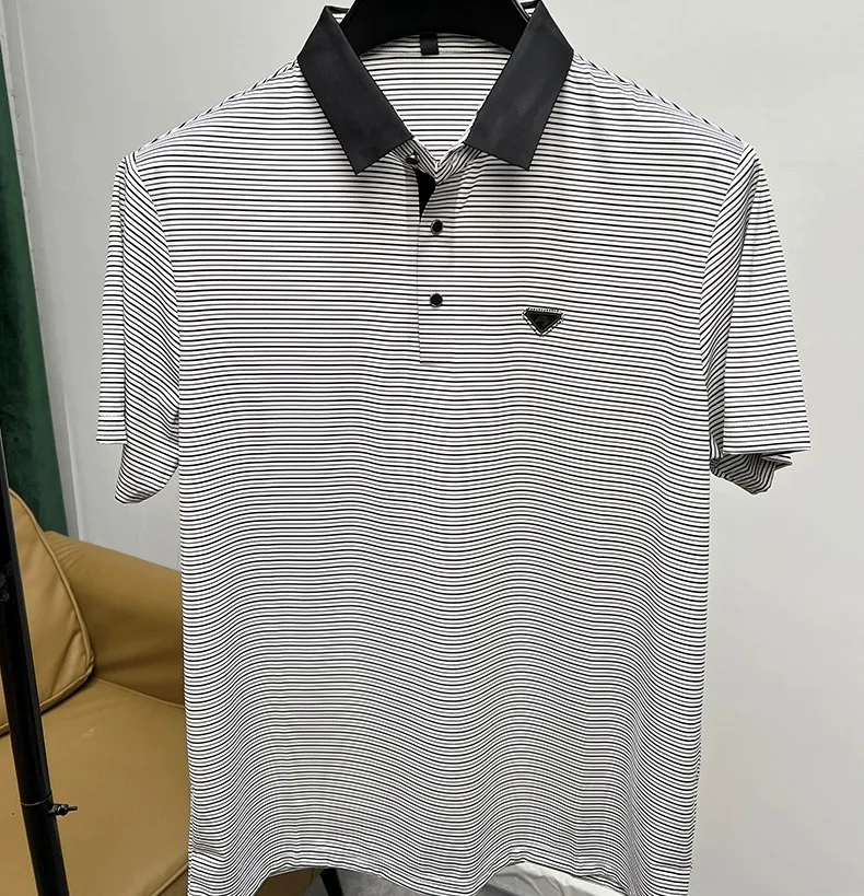 High end brand trend ice silk striped short sleeve polo shirt men's 2024 summer new fashionable print hot diamond casual T-shirt 22 Sc7738882bb2141d090b248db49a123eas
