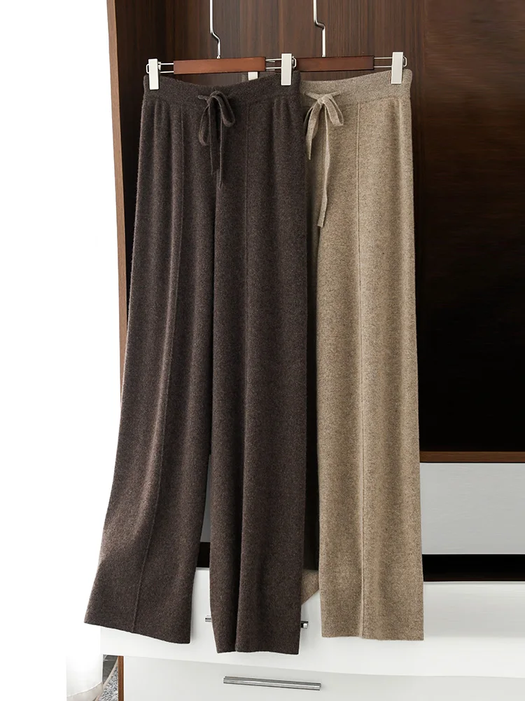 Wool knitted wide-leg pants women's autumn  winter extended floor-mopping pants high-waisted drawstring loose and thin trousers