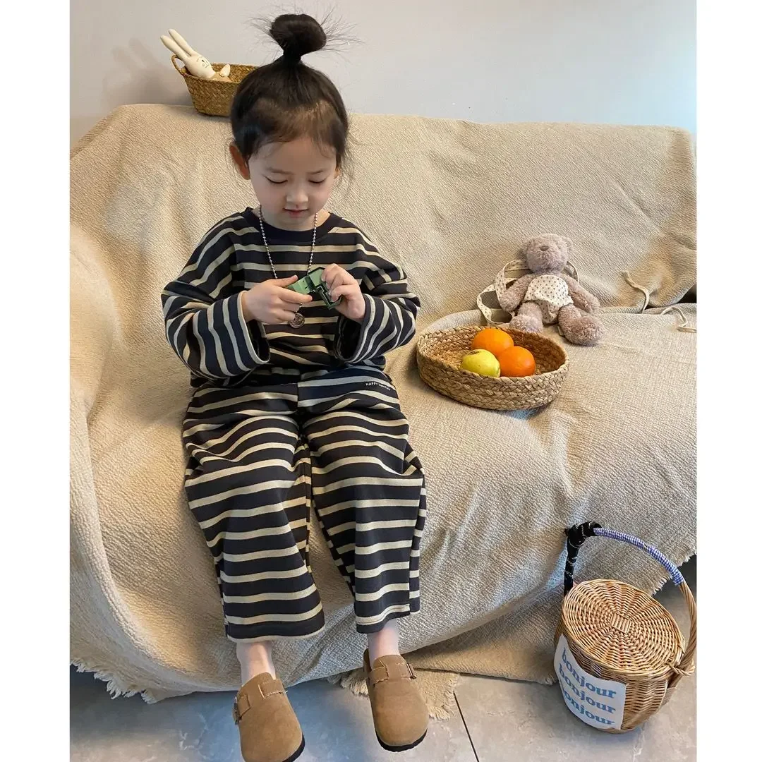 Korean Children Clothing Autumn Sets Sweatshirts+Pants 2Pcs Suit Spring Stripe Baby Soft Cotton Outfits Kids Casual Tracksuit