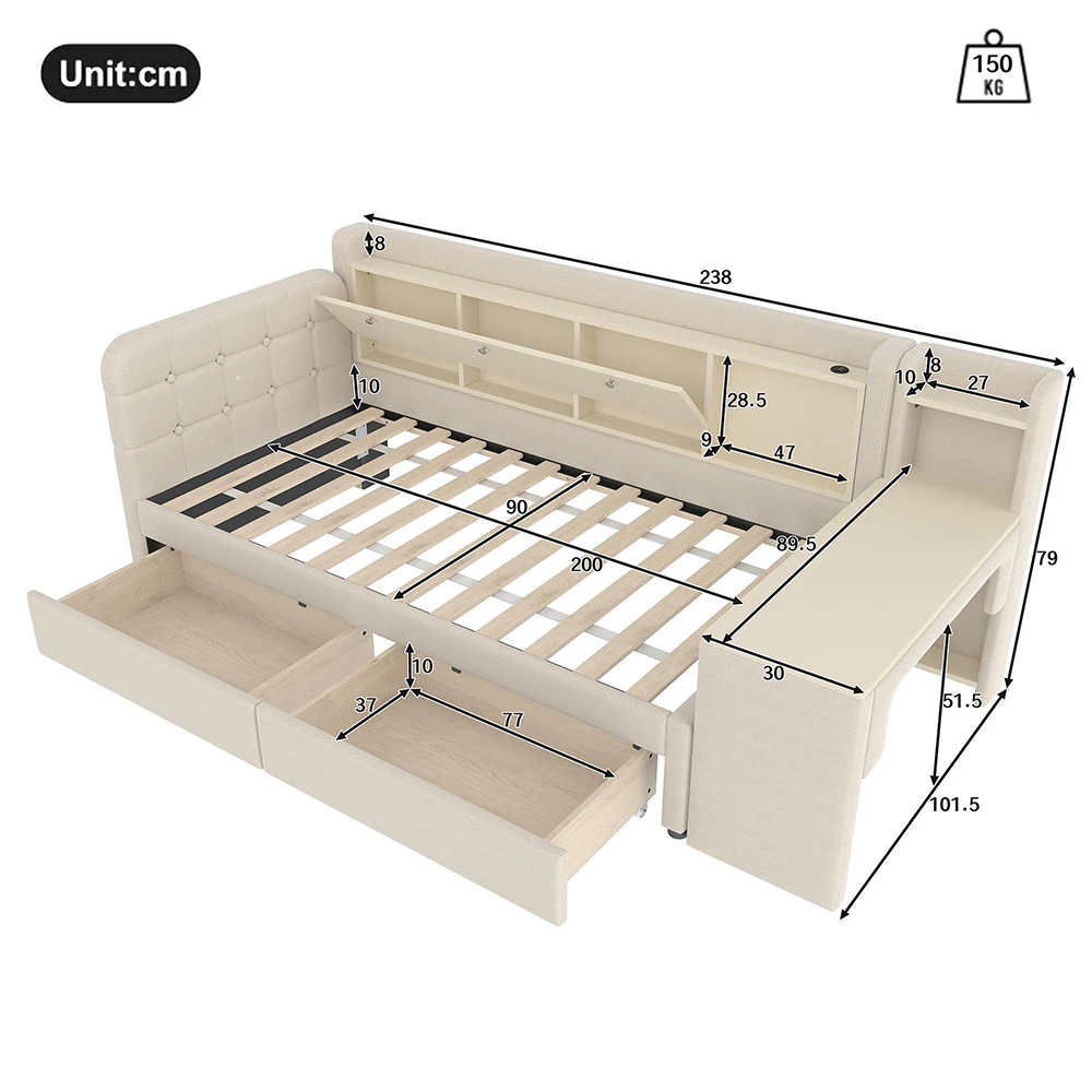 KOMHTOM Schlafsofa, Tagesbett 90*200 cm, mit Schublade, Schreibtisch, USB-Schnittstelle und Stauraum, Leinen, Grau/Beige (ohne Matratze) – Detail 5