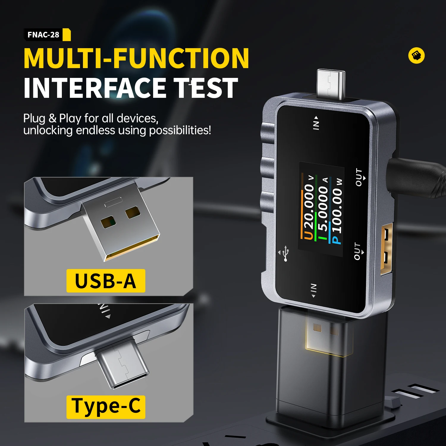 Enhanced USB Tester, Digital Voltmeter and Ammeter, 2-in-1 Type-C Meter
