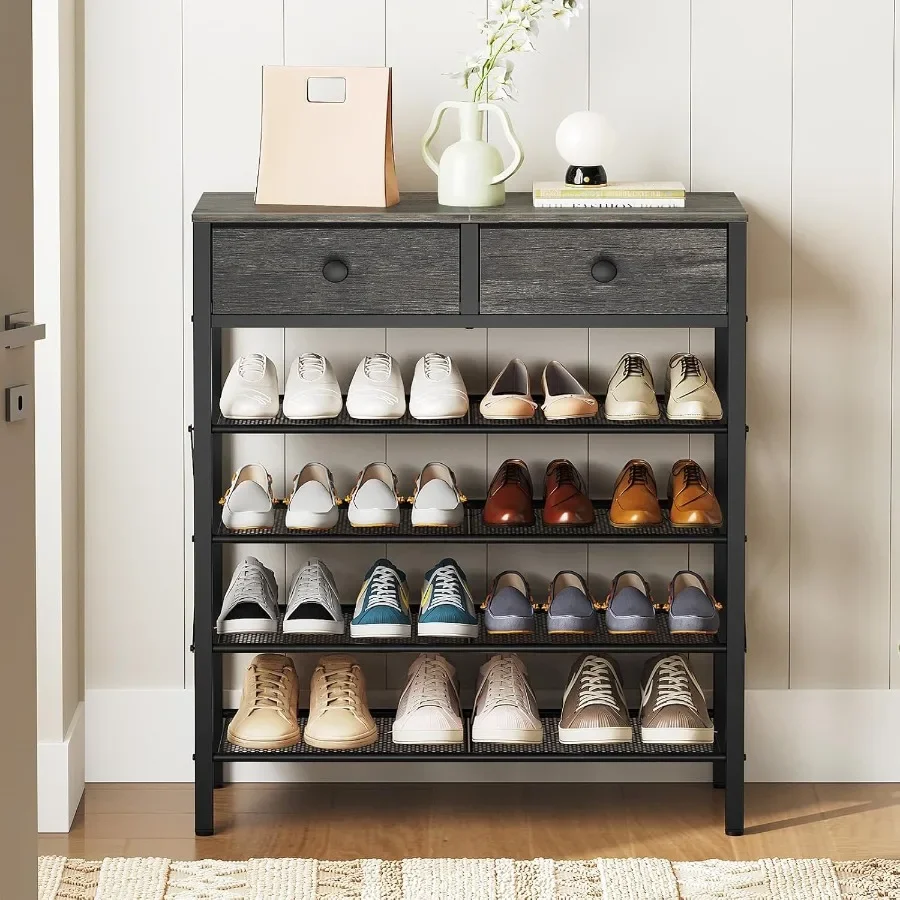 5 Tier Shoe Rack Large Capacity Shoe Storage Organizer Metal Shoe Shelf with Drawer and Wooden Top for 20 Pairs of Shoes for En