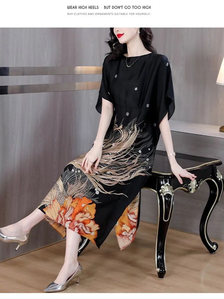 

Middle-aged Mothers Delicate Luxurious Silk Dress 2023 Summer New Nobleness Slim Fit Round Neck Flower Print Female Tops T406