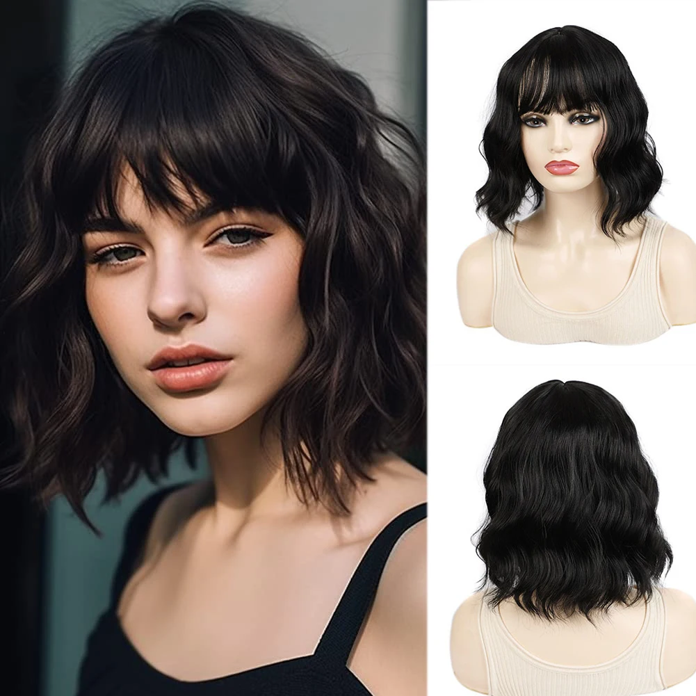 

Short Wavy Wig with Bangs for Women Synthetic Curly Bob Wig Heat Resistant Fiber Wig for Daily Party