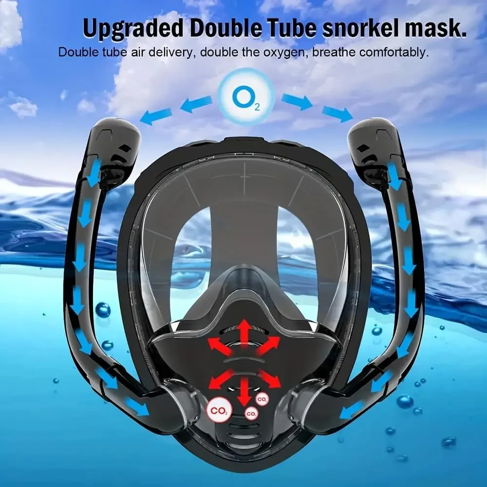 Snorkeling Mask Double Tube Silicone Full Dry Diving Mask Adult Swimming Diving Goggles Self Contained Underwater Breathing