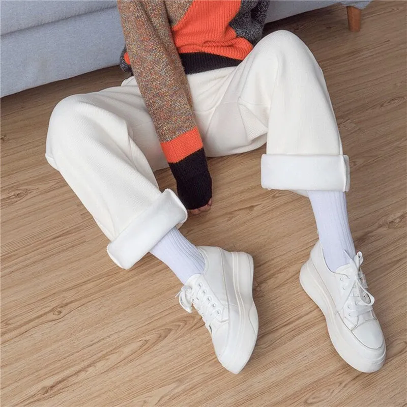 Tanio Zimowe pluszowe spodnie dla kobiet szerokie nogawki paskiem aksamitne