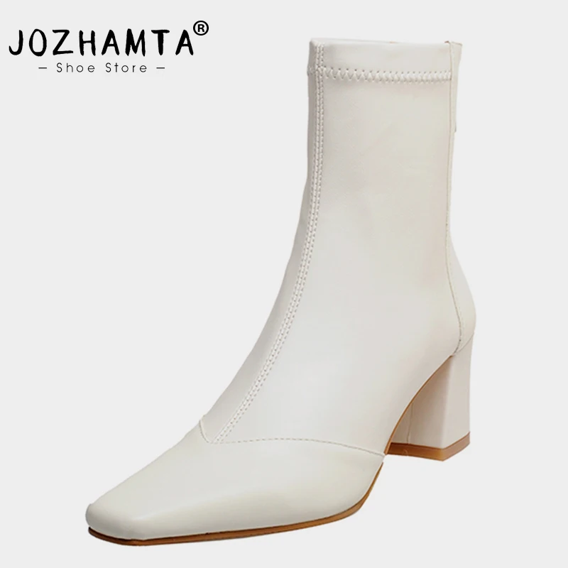 

JOZHAMTA Size 34-39 Women Ankle Boots Real Leather Sexy High Heels Shoes Woman Winter Fashion Chunky Booties Retro Elastic Boots