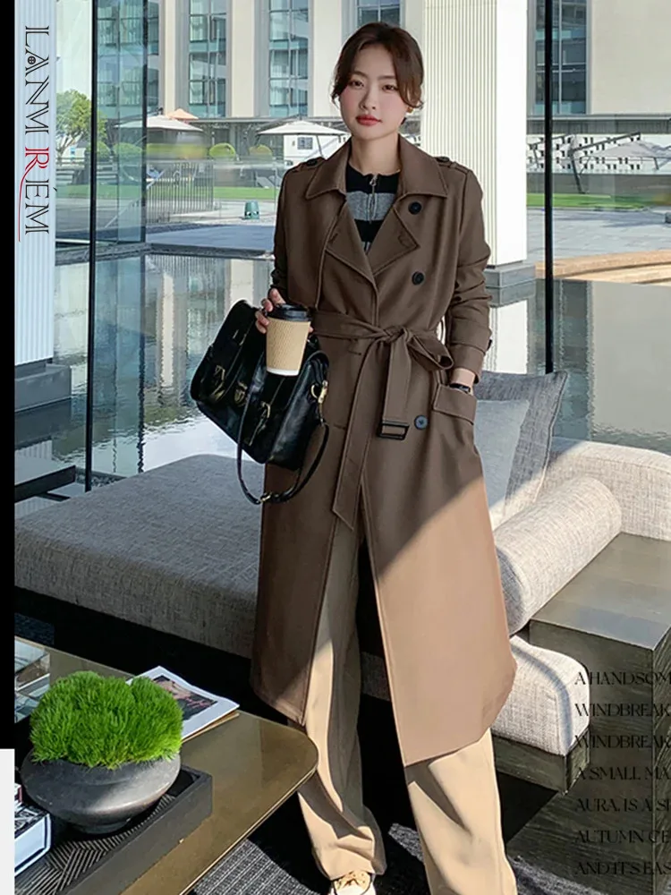 

LANMREM Khaki Trench Coat For Women Lapel Double Breasted Long Sleeves Belt Coat Female Fashion Streetwear Clothing 2DA4188