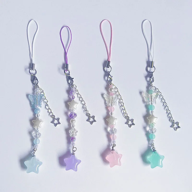 Colgante Teléfono Perlas Llavero Y2K Blanco Con Charm Estrella Y Corazón - Colgante Para Móvil Y Mochila Regalos Niñas Adolescentes