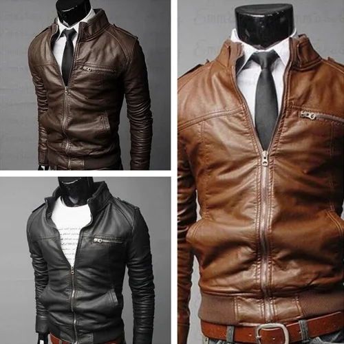 Mens Leather Bomber Jacket Autumn Winter Slim Fit