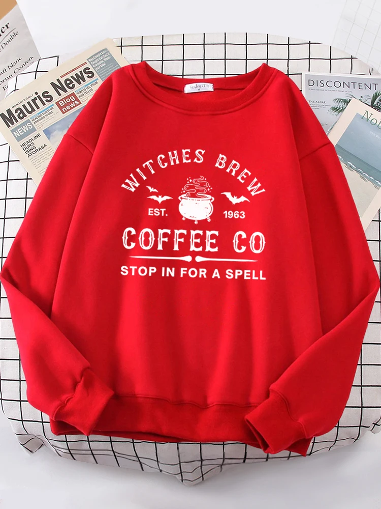 Witches Brew Coffee Letter Printing Simple Autumn Womens Sweatshirts Casual Fleece Long Sleeves Warm All-Match Woman Pullover