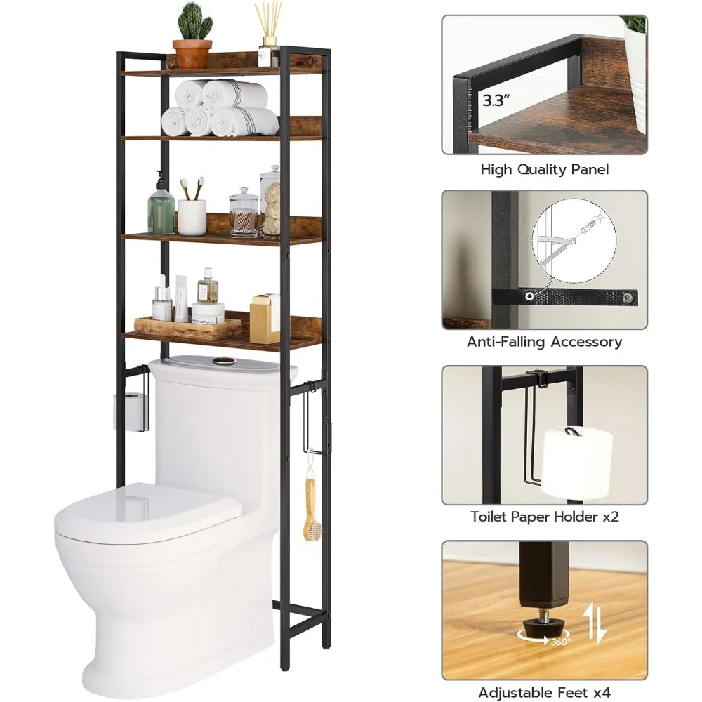 Over The Toilet Storage Rack, 4 Tier Bathroom Organizer Over Toilet, Freestanding Space Saver Toilet Stand with 2 Hooks, 5
