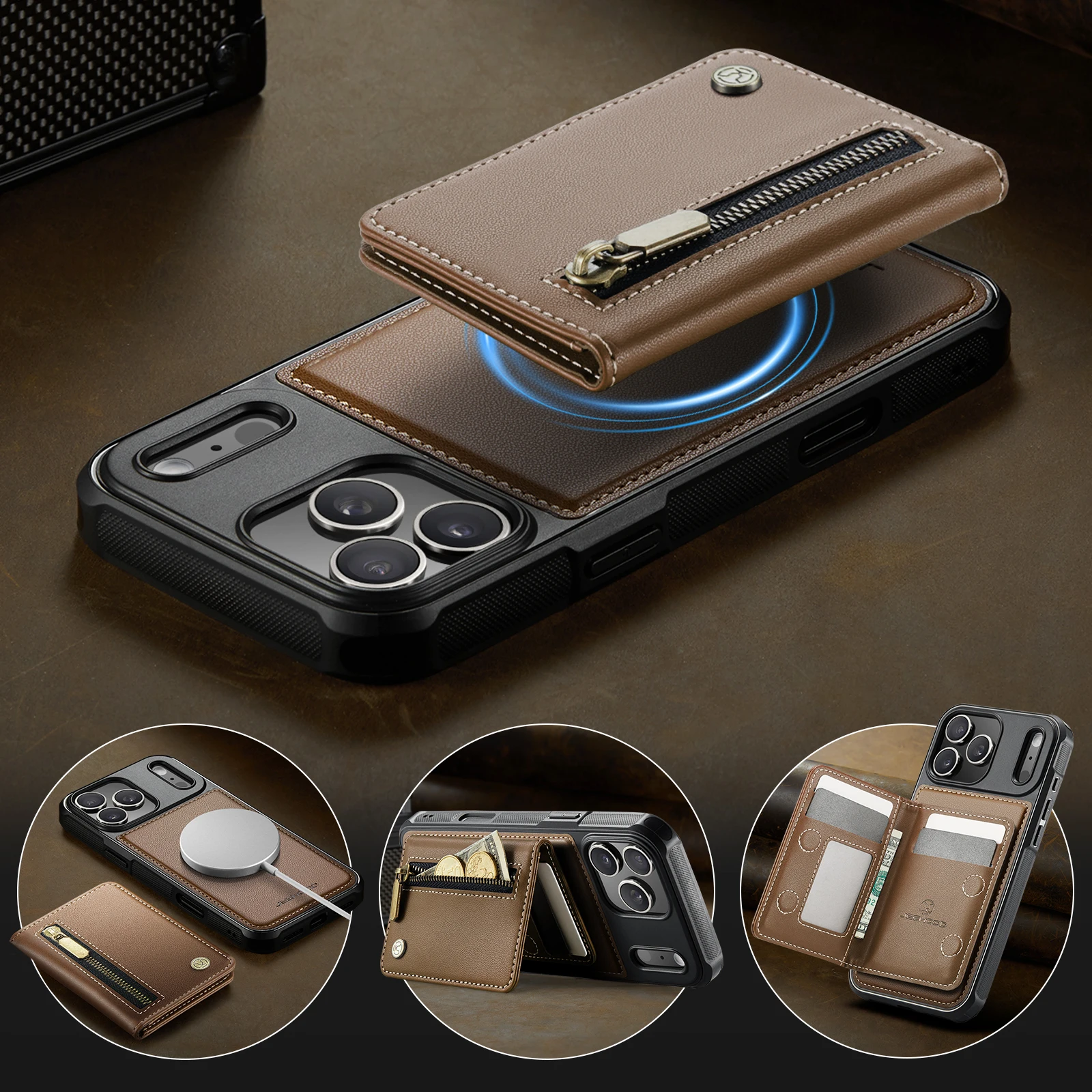Premium 2-in-1 Detachable RFID Zipper Magnetic Leather Wallet Case