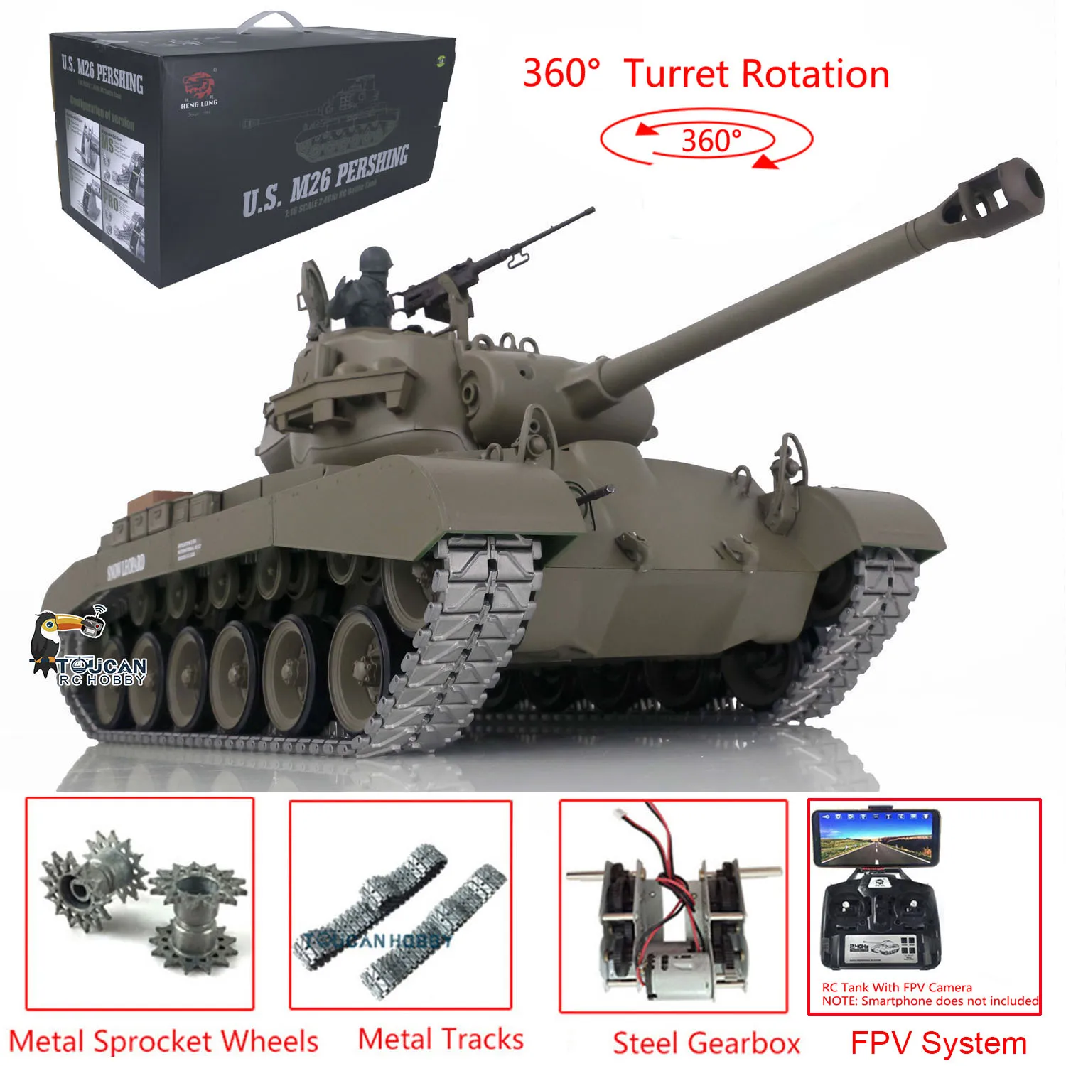 

Heng Long Upgraded 1/16 TK7.0 M26 Pershing RC Tank 3838 Вт/360 ° башни FPV металлические треки BB стрельба военная модель игрушки TH17306