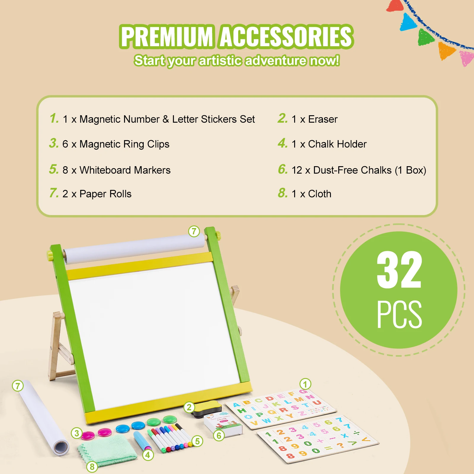 VEVOR Children Magnetic Drawing Board 3-in-1 Double-Sided Wooden Kids Art Easel with Painting Accessories for Boys Girls Toys 3