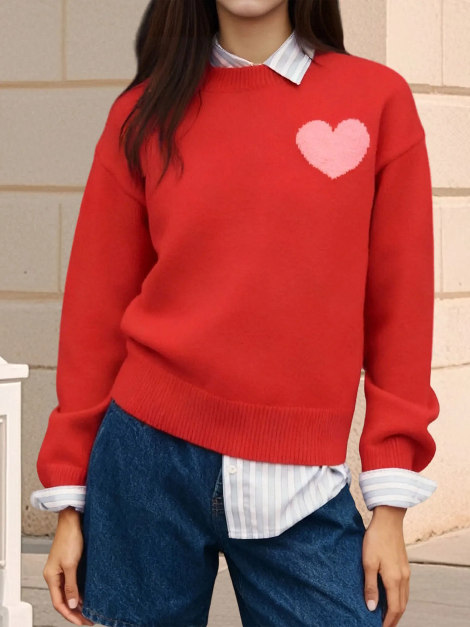 Women s Cozy Oversized Sweater with Geometric Print and Ribbed Detailing Long Sleeve Round Neck Knit Pullover for Fall