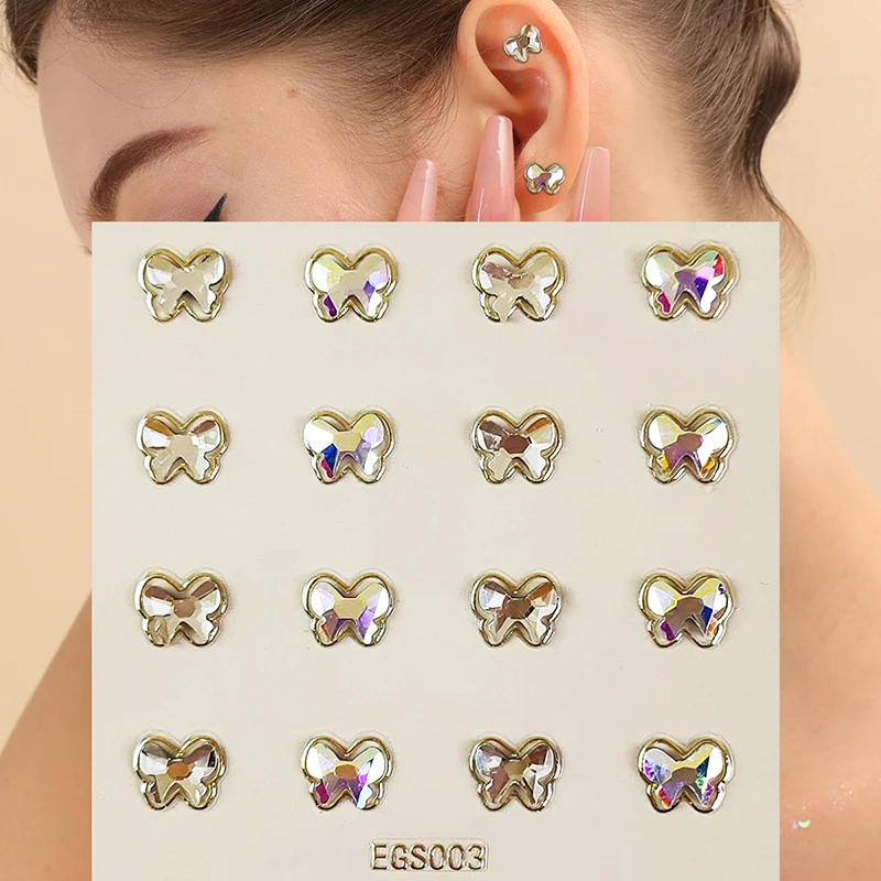 3D Earrings Stickers No Ear Hole Self Adhesive Butterfly Rhinestones for Children Girls
