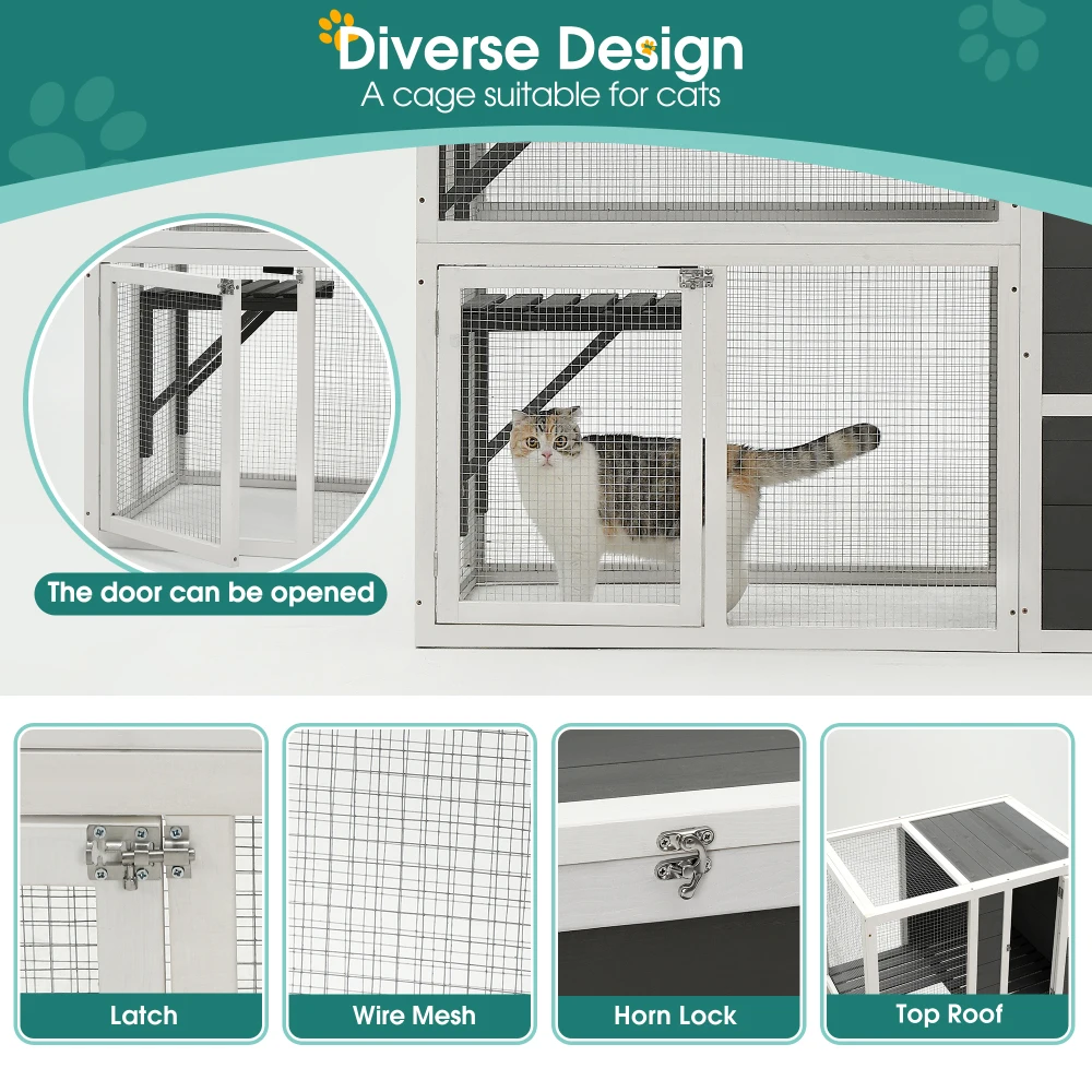 3-Tier Wooden Outdoor & Indoor Cat House Suitable for 1-3 Cats Cat Enclosure Resting Box with 4 Platforms and 2 doors