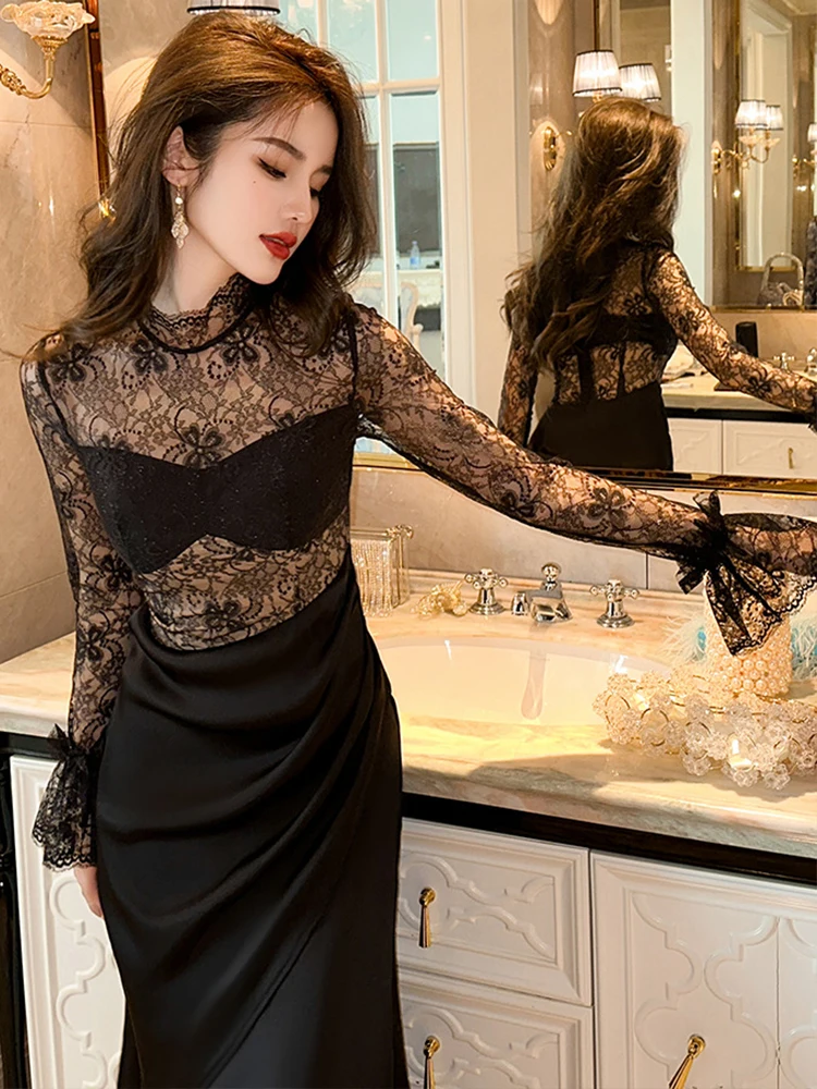 French Women Evening Dress Chic Black See Through Sexy V-Neck Folds Slim  Midi Party Club Gown Birthday Robe Femme Mujer Vestidos