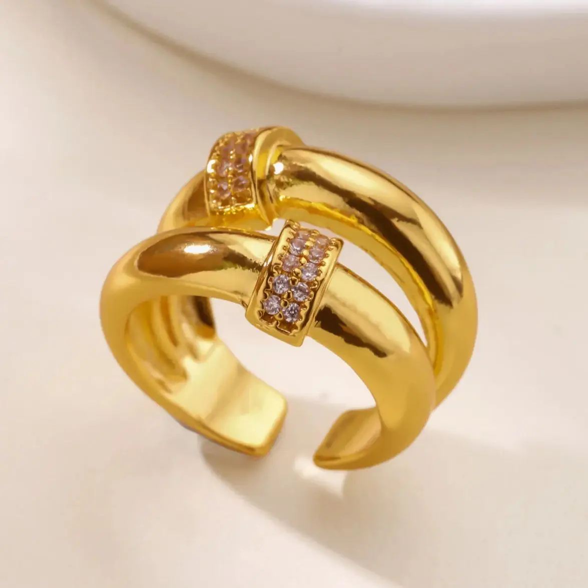 Zircon Double Round Rings Stainless Steel Geometric Adjustable Finger