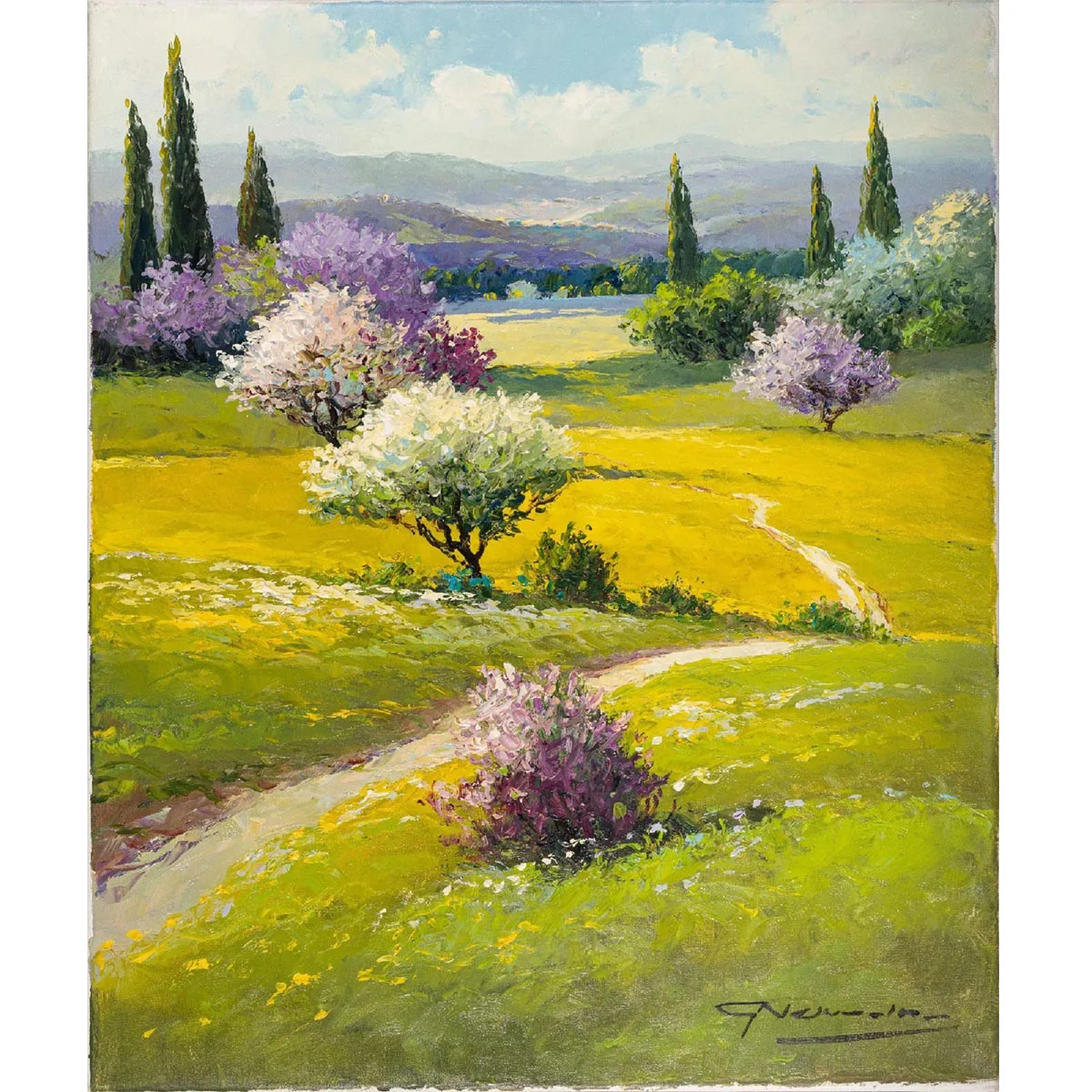 

landscapes with fields in bloom,Hand painted oil painting on canvas,Pastoral landscape decorative painting, Wall art picture