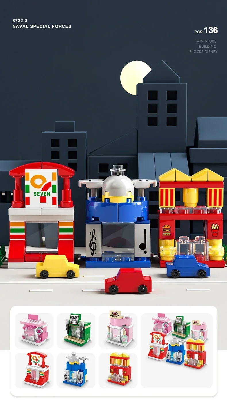 Mini size 6 In 1 Building Blocks DIY Police Car Fire Truck Castle Model Bricks Kids Educational Toys Gifts
