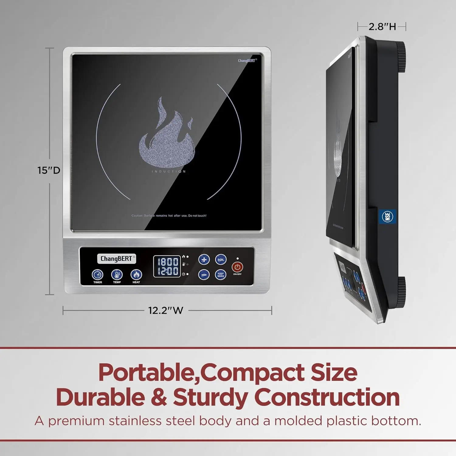 Portable Induction Cooktop, NSF Certified Pro Induction Hot Plate, Powerful 1800W with Large 8" Heating Coil, Premium Stainless