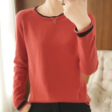

Ladies Knitted Large Size Long Sleeve Spring And Autumn New Crew Neck Colorblock Curling Casual 100% Cotton Comfortable Pullover