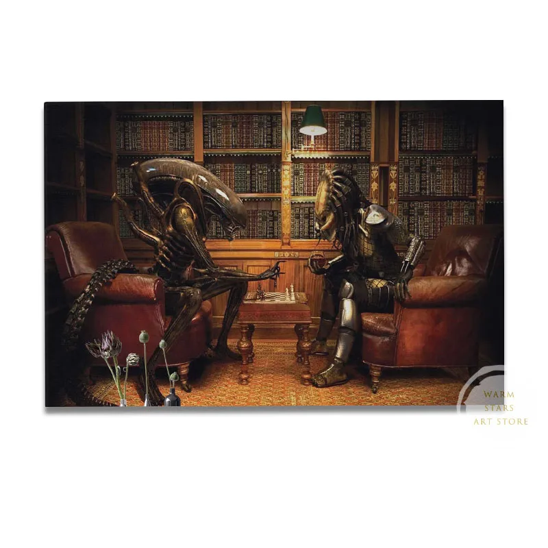 thumbnail image 1 of Póster divertido de Alien vs Predator jugando al ajedrez, arte de pared, pintura en lienzo, película de terror, impresión para sala de estar, decoración del hogar sin marco, 1 of 5