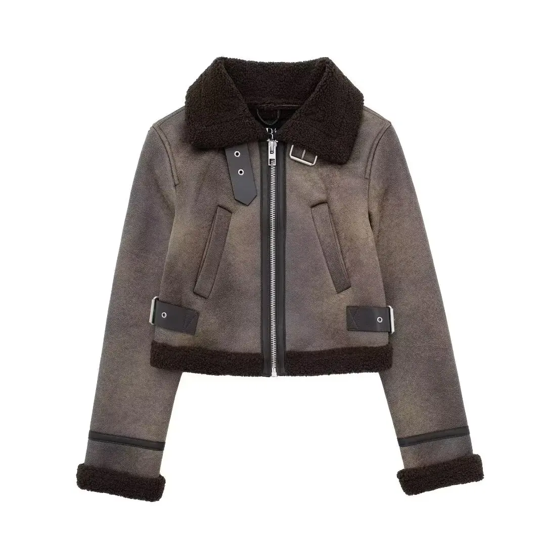 HH TRAF Chaqueta corta de invierno para mujer, cálida, de un solo lado, reversible, con cremallera, estilo retro, con bolsillos decorativos, prendas de vestir exteriores