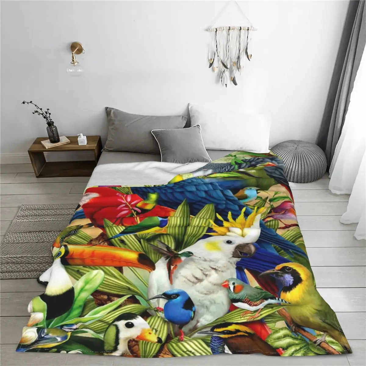 Tropical Macaw Cockatiel Flannel Throw Blanket Animal Bird Blankets for Sofa Car Warm Bedding Throws