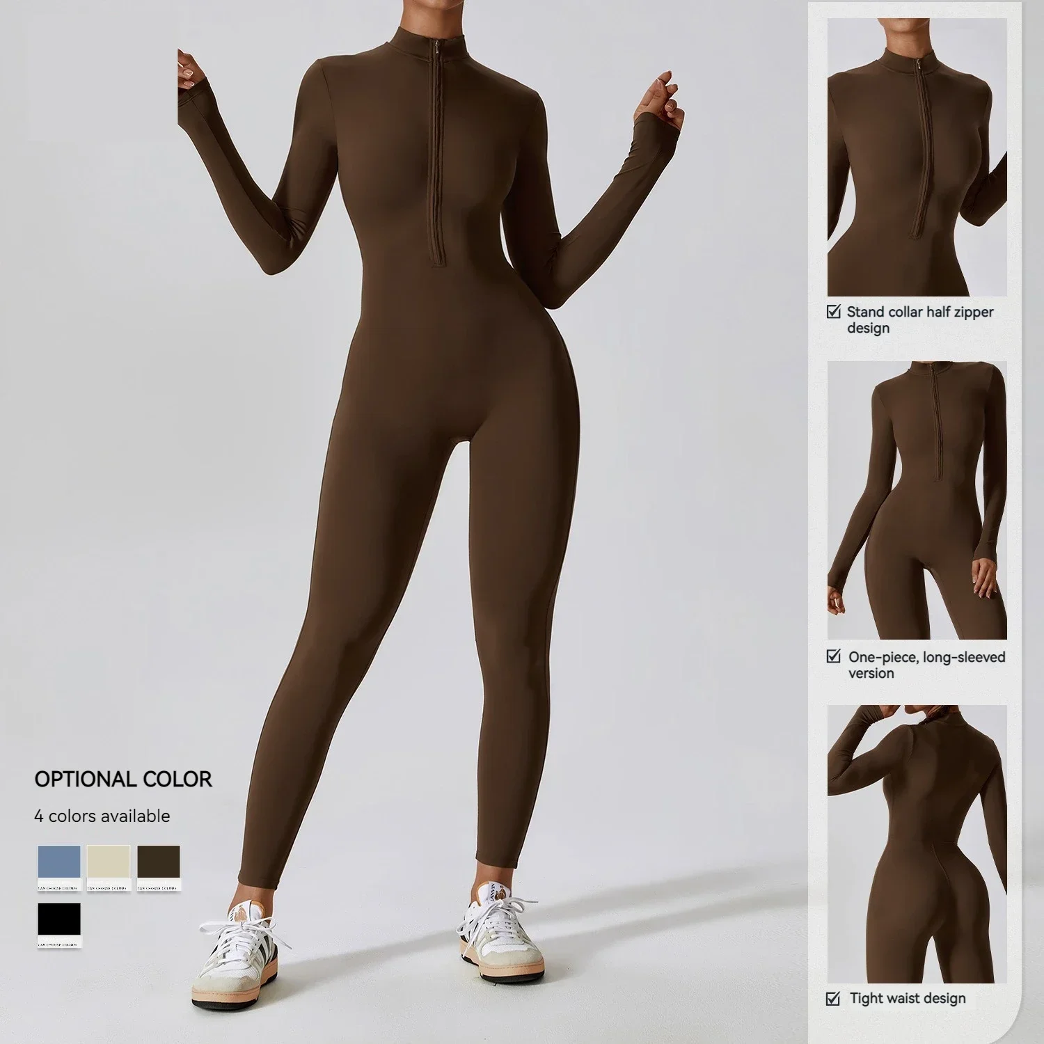 

1 pieces Zipper Nude Long Sleeve Yoga Bodysuit gym set workout clothes for women High intensity fitness Breathable Compressed