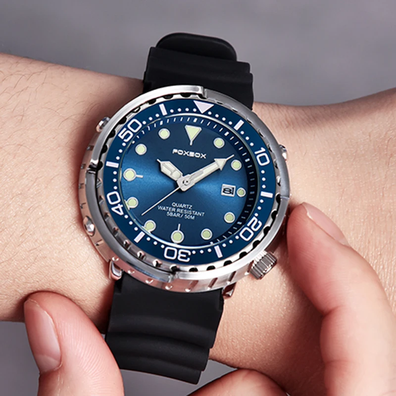 Montre plongeur homme étanche 50ATM FOXBOX LIGE, montre sport quartz avec bracelet silicone et affichage numérique