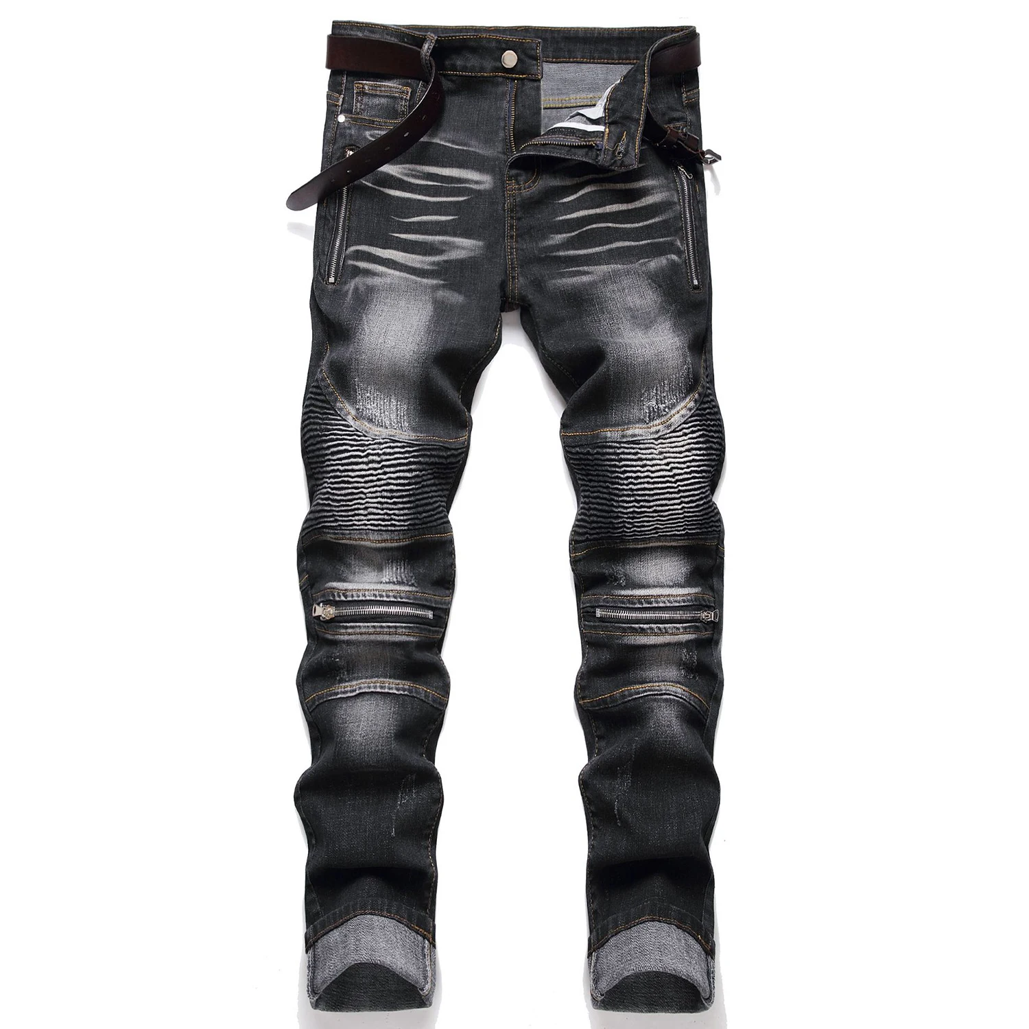 

Light Luxury Men’s Moto&Biker Jeans,Slim-fit Zipper Decor High Quality Denim Pants ,Trendy Stretch Casual Jeans Pants;