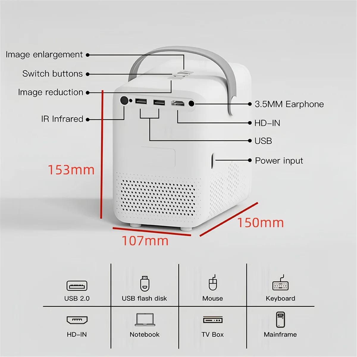 JAS-P10 Smart 4K WiFi Portable 1080P Home Theater Video LED Bluetooth Mini Projector Android 10 Projector US PLUG(White)